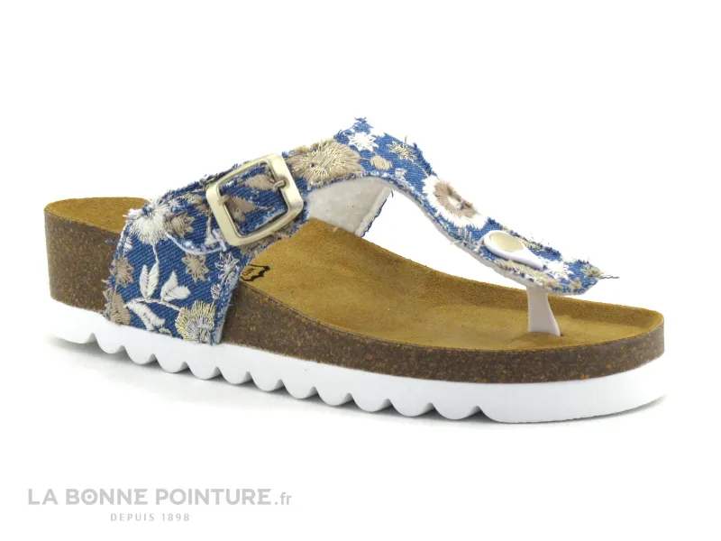 Achat chaussures Bio Life Femme Entre-doigts, vente BioLife 0027 Bleu Jeans broderies - Tong compensee