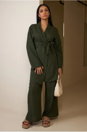 Ensemble 2 pièces kimono court + pantalon ceinturé kaki