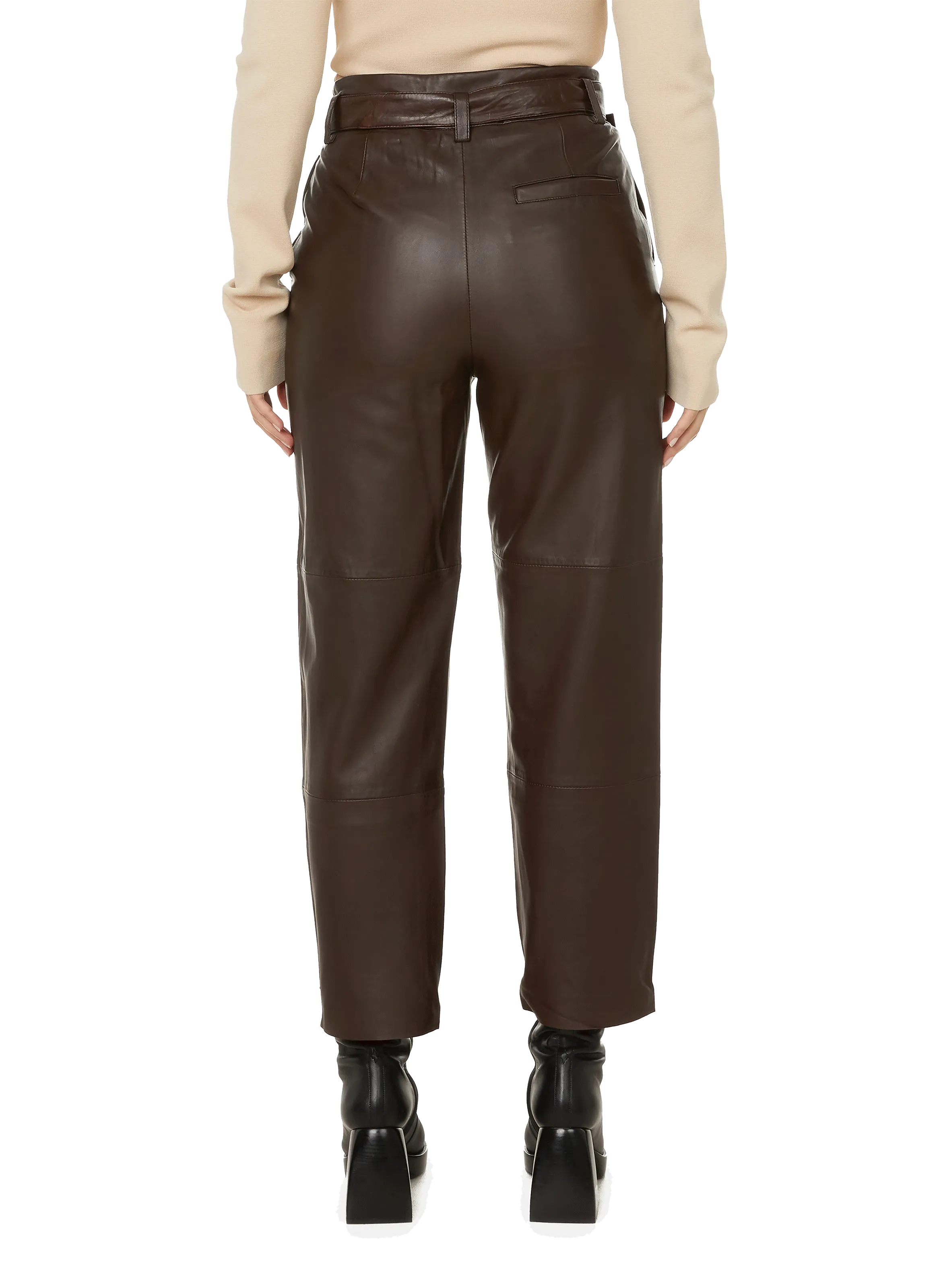 GESTUZ  Pantalon en cuir ceinturé - Marron