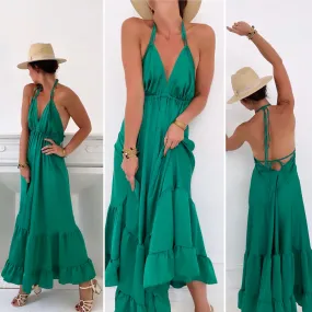 Robe volantée satiné verte