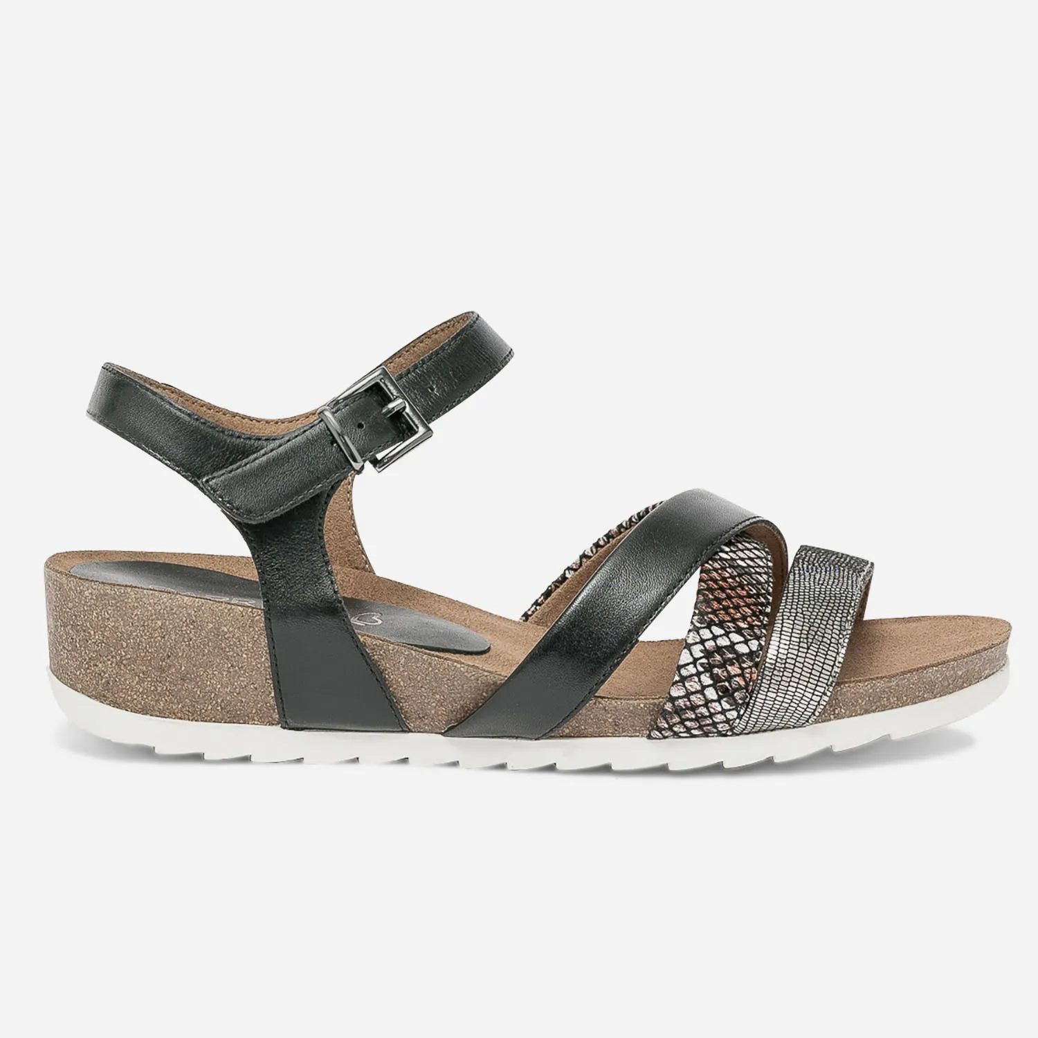 Sandale compensée CAPRICE noire et argent en cuir - Sandales Femme | ERAM