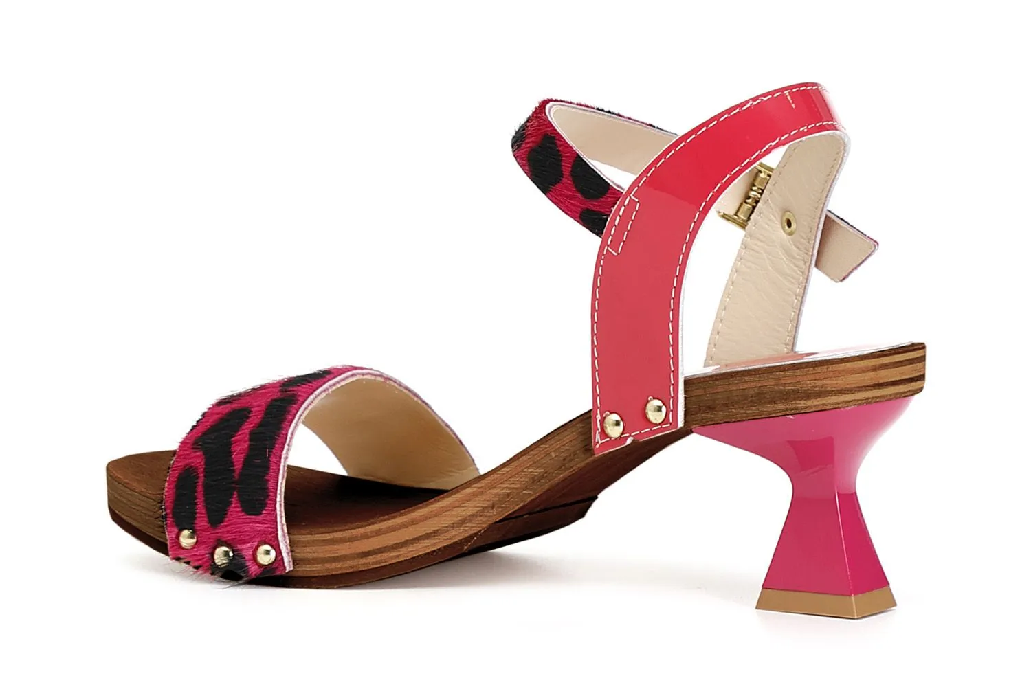 sandales avec bande motif poulain tacheté et talon en forme de sablier hot pink - CafèNoir